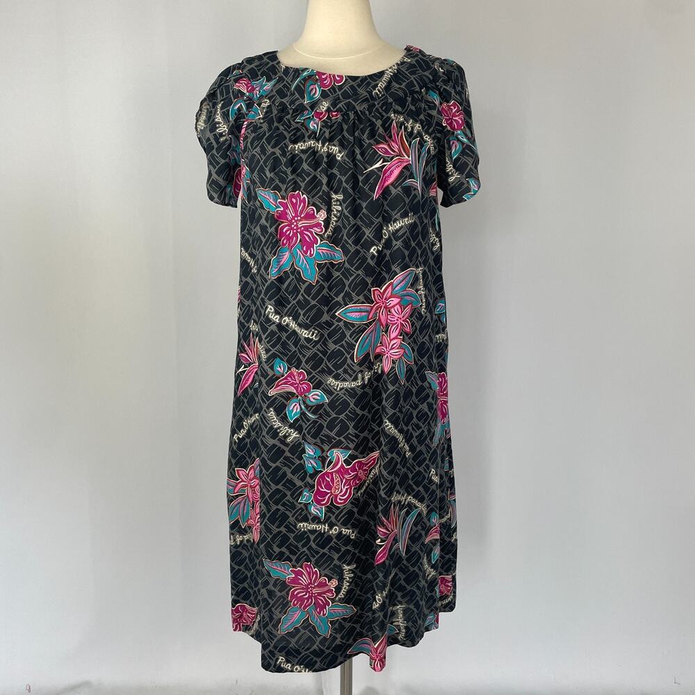 Vtg Hilo Hatties Smock Dress Medium Black Purple Floral Hawaii Muumuu Kaftan